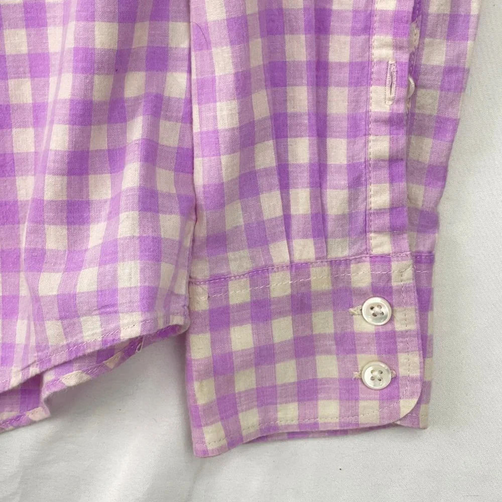 Women's J.Crew Boy Fit Gingham Button Up Blouse Size 0 All Cotton Purple White